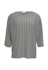 Zwart-wit horizontaal gestreept blouse met een bootnek en drie kwart mouwen, met een losse pasvorm en lichte stof.
