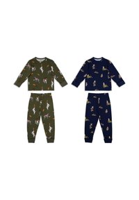 Dos conjuntos de pijamas infantiles: uno en verde oliva con estampados de perros y otro en azul marino con diseños de animales juguetones. Ambos cuentan con mangas largas y pantalones.