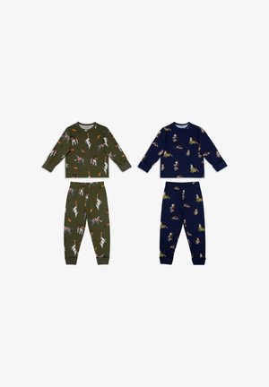 Two sets of children's pajamas: olive green with dog prints, and navy blue with playful animal designs. Both feature long sleeves and pants.