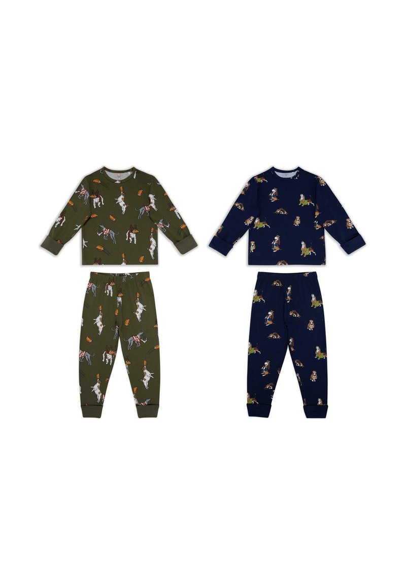 Dos conjuntos de pijamas infantiles: uno en verde oliva con estampados de perros y otro en azul marino con diseños de animales juguetones. Ambos cuentan con mangas largas y pantalones.