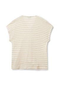 T-shirt a righe beige con una texture morbida, scollatura a V e maniche corte. Le righe sono di una tonalità leggermente più scura rispetto al colore di base.
