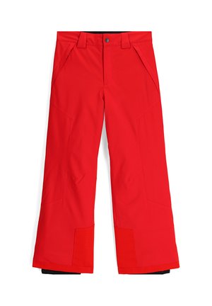 Pantaloni da sci impermeabili rossi con design a gamba larga, numerose tasche, rinforzi nelle ginocchia e polsini elastici all'orlo per una vestibilità e un comfort ottimali.