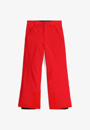 Rode waterdichte skibroek met een brede pijpdesign, meerdere zakken, verstevigde knieën en elastische manchetten aan de zoom voor een goede pasvorm en comfort.