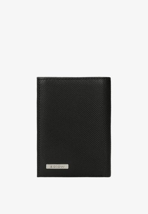 Black textured leather wallet with a silver metal logo plate on the lower front, photographed against a white background.