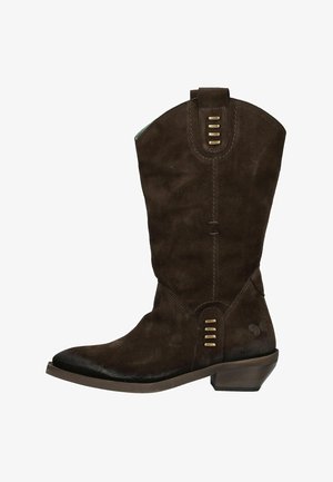 Brown suede cowboy boot with a pointed toe, mid-height heel, decorative stitching, and three metallic accent details on the shaft.