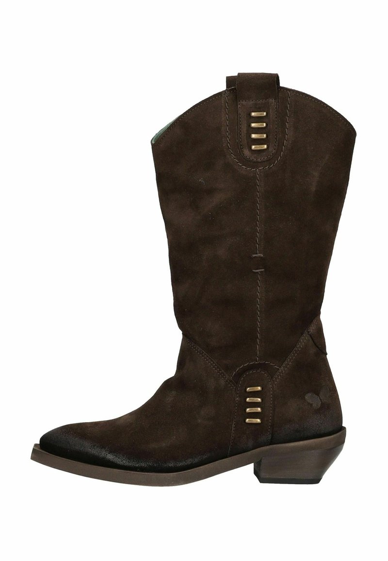 Bruine suede cowboylaarzen met een puntige neus, een middelhoge hak, decoratieve stiksel en drie metalen accenten op de schacht.