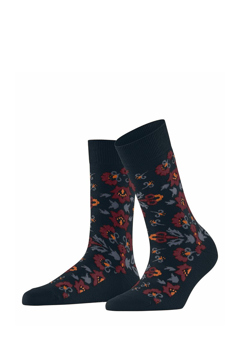 Marineblaue Socken mit floralem Muster in Rot, Orange und Grau. Rippbund, knielange Länge, strukturiertes Material für Komfort.