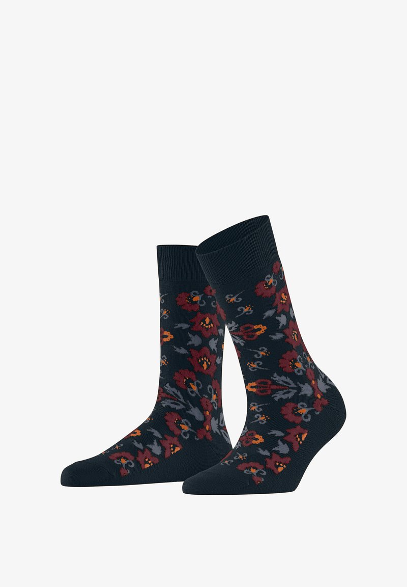 Marineblaue Socken mit floralem Muster in Rot, Orange und Grau. Rippbund, knielange Länge, strukturiertes Material für Komfort.