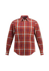 Czerwona i niebieska koszula w kratę z długim rękawem, kołnierzykiem na guziki i przednią kieszenią, wykonana z lekkiego materiału o gładkiej fakturze.