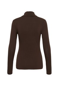 Brun langærmet top med en mock neck. Glat tekstur og tætsiddende design. Ingen synlige lukninger eller mønstre. Bagfra set.