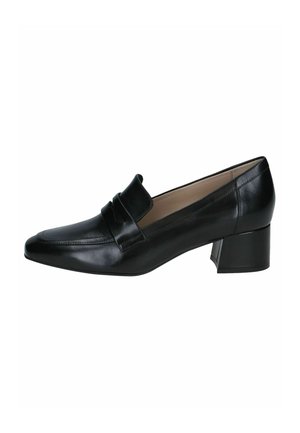 Mocassin femme en cuir noir avec un petit talon bloc et une bride décorative à l'avant, présenté en vue latérale sur fond blanc.