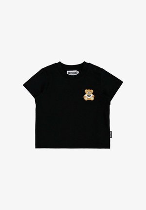 Zwarte baby T-shirt met korte mouwen, voorzien van een kleine teddybeer die een "Speelgoed" bordje vasthoudt, geborduurd op de linkerborst.