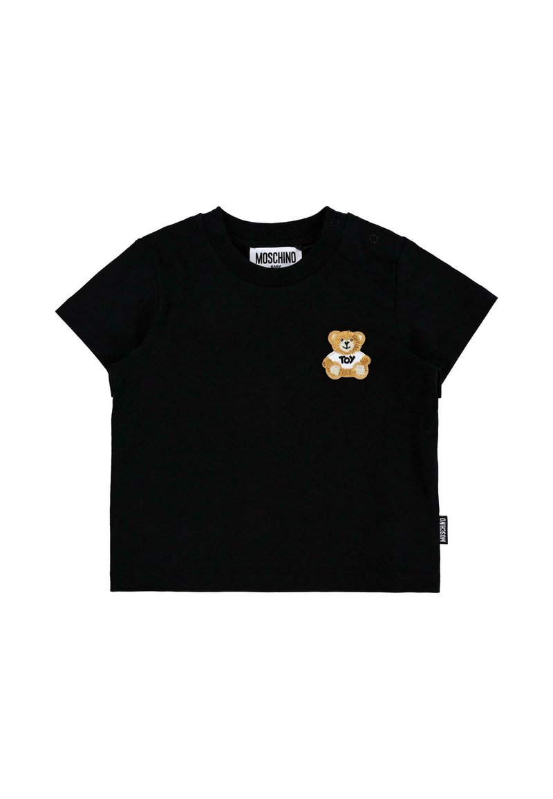 Maglietta per bambini a maniche corte nera con un piccolo orsetto di peluche che tiene in mano un cartello "Giocattolo" ricamato sulla parte sinistra del petto.