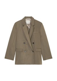 Dvojité sako v tlumené hnědé tkanině. Obsahuje klopový límec, dvě přední kapsy a černé knoflíky. Minimalistický design.