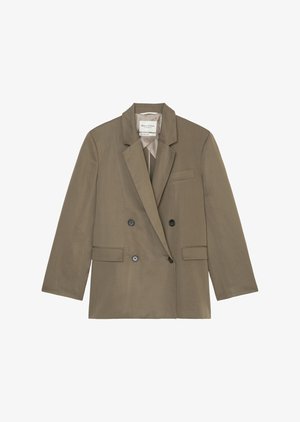 Double-breasted blazer in a muted brown fabric. Features a notched collar, two front pockets, and black buttons. Minimalist design.