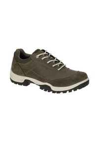 Braune wasserdichte Wanderschuhe mit einem strukturierten Lederobermaterial, weißen Schnürsenkeln, Gummisohle und genähten Akzenten für Langlebigkeit.