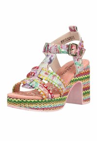 Sandale pour femme à motif floral coloré avec bride à boucle ajustable, talon compensé tressé multicolore et semelle intérieure rose coussinée.