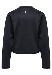 Czarny sweatshirt z długim rękawem, o gładkiej fakturze, krótkim kroju, z małym logo na plecach przy dekolcie i ściągaczami przy rękawach.