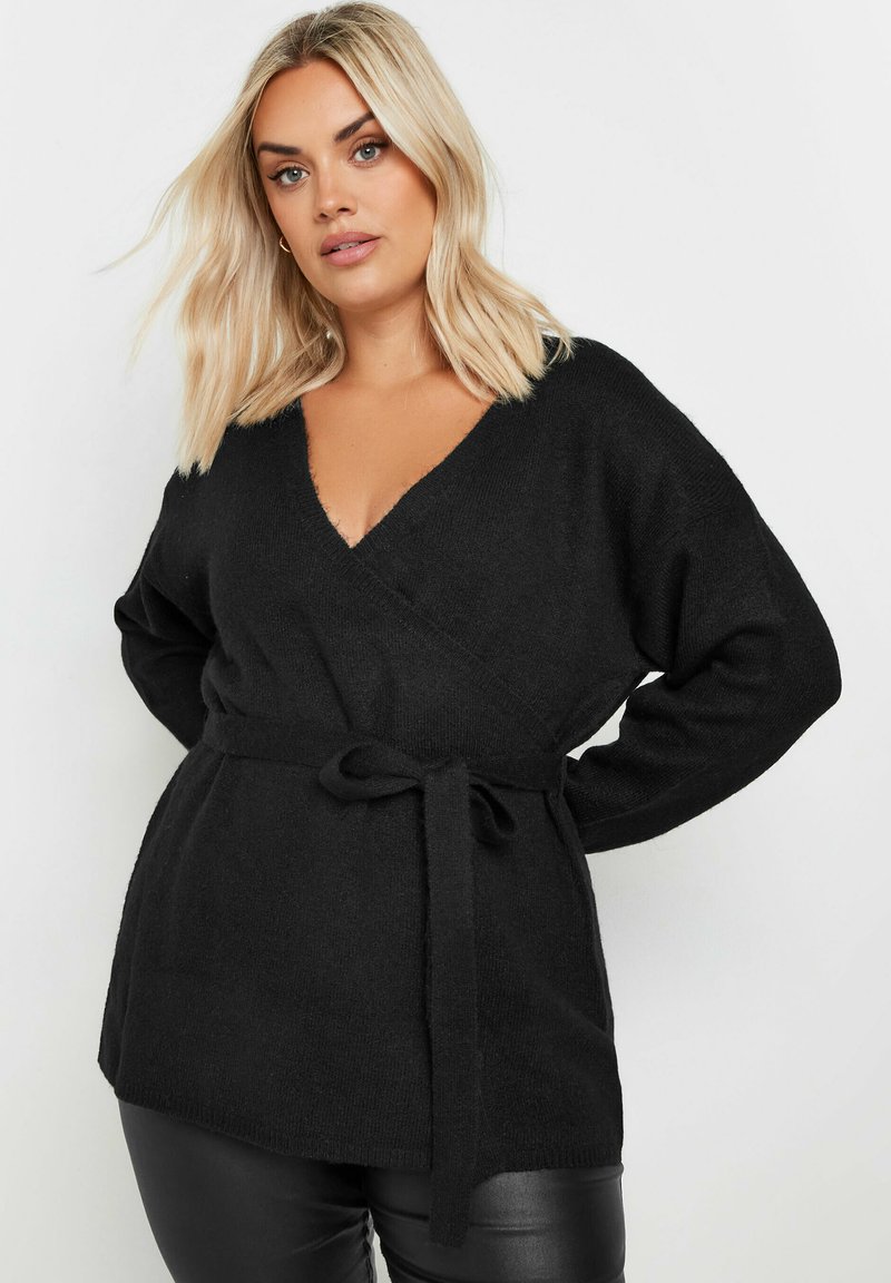 Svart omslagströja i mjukt material, med djup V-ringning, långa ärmar och ett matchande knytbälte i midjan.