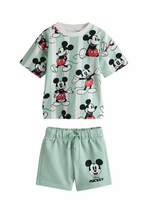 Costum din bumbac verde deschis, cu tricou cu mânecă scurtă imprimat cu Mickey Mouse și pantaloni scurți asortați cu talie elastică și detaliu cu logo.