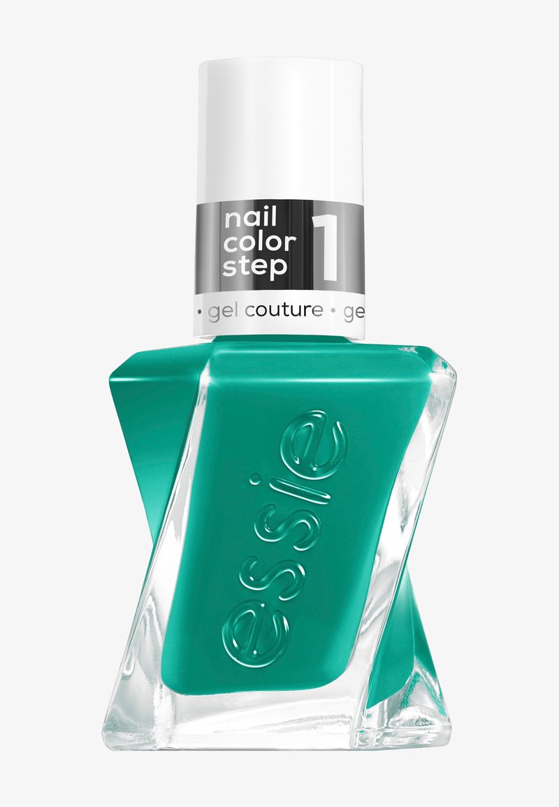 Teal gelnagellak in een geometrische glazen fles met een witte en zwarte dop, gelabeld "nagellak stap 1" in vetgedrukte tekst.