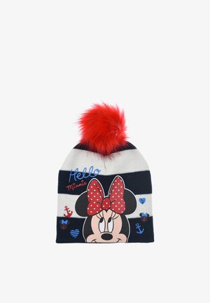 Beanie with red pom-pom, navy and white stripes, features Minnie Mouse graphic, "Hello Minnie" text, and small heart and anchor icons.