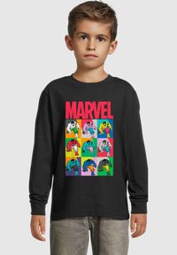 Black long-sleeve shirt featuring a colorful Marvel graphic with repeated comic-style images of characters in various colors and patterns.