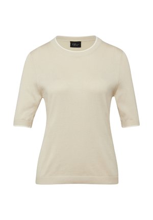 Pull en maille crème à manches courtes avec col rond et poignets et ourlet côtelés, présenté sur un fond blanc.