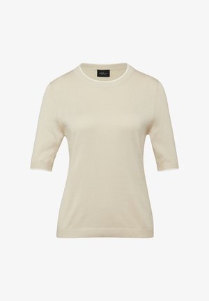 Kremowy, krótki sweter z dzianiny z krótkim rękawem, okrągłym dekoltem oraz ściągaczami przy mankietach i dolnym brzegu, prezentowany na białym tle.