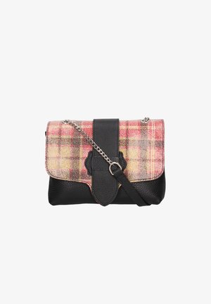 Kleine Handtasche mit rosa und beige kariertem Klappdeckel, schwarzem Lederkörper, schwarzem Riemen und silbernem Kettendetail.