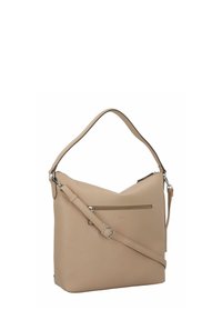 Borsa a tracolla in pelle beige con parte superiore curva, lunga tracolla regolabile e tasca anteriore con zip. Texture liscia e design minimalista.