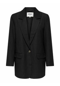 Černý blazer vyrobený z texturované látky s jedním knoflíkovým zapínáním, klopami a dvěma předními kapsami. Obsahuje detail na hrudní kapse.