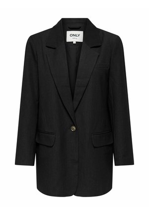 Blazer nero realizzato in tessuto testurizzato con chiusura a un bottone, rever a punta e due tasche frontali. Presenta un dettaglio sulla tasca del petto.