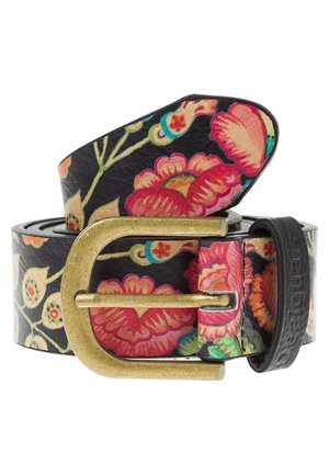 Ceinture en cuir noir avec boucle en laiton présentant un motif floral vif dans des tons rouges, roses, verts et bleus.