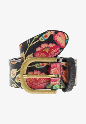 Ceinture en cuir noir avec boucle en laiton présentant un motif floral vif dans des tons rouges, roses, verts et bleus.