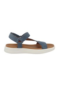 Blaue Wildledersandale mit offener Zehenpartie, kreuzförmigem Riemendesign und weißer Gummisohle. Verfügt über verstellbare Riemen an den Knöcheln und eine perforierte Innensohle.