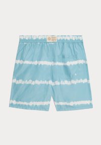 Světle modré plavky s bílými pruhy ve stylu tie-dye, elastický pás a zadní kapsa. Značka vyšita na zadní straně.