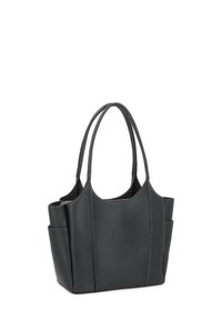 Borsa a tote in pelle grigia scuro con aperture arrotondate, doppi manici, due tasche laterali esterne e linee pulite per un design minimalista.