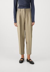Beige tailored trousers with a straight cut, single pleat, and flat front. Paired with a navy long-sleeve top and black flats.