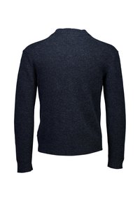 Donkerblauwe gebreide trui, ronde hals, ribgebreide manchetten en zoom, zachte textuur, standaard pasvorm zonder opvallende patronen of accenten.