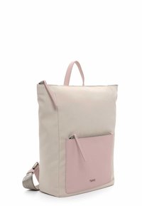 Zaino rosa chiaro e crema con un design rettangolare elegante. Presenta una tasca frontale con zip e una maniglia superiore per il trasporto.