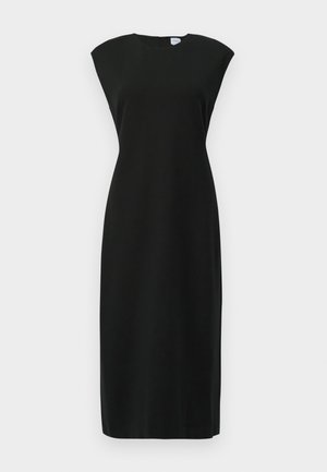 Schwarzes ärmelloses Kleid in figurbetonter Schnittform, mit rundem Ausschnitt und einem dezenten Reißverschluss im Rücken. Hergestellt aus glattem, leichtem Stoff.