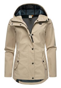 Beige waterproof jacket with a hood, front zipper, and snap buttons. Features side pockets and a contrasting inner lining.