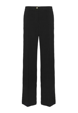 Pantaloni neri a gamba dritta con chiusura frontale a bottone e dettagli di cucitura discreti, progettati per abbigliamento formale o da ufficio.