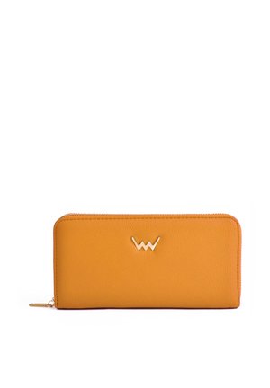 Yellow leather wallet with a textured surface, zip closure, and a gold logo accent on the front. Compact rectangular shape.