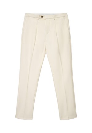 Beige plissierte Hose aus leichtem Stoff mit zwei Seitentaschen und einem einzelnen Knopfverschluss in der Taille. Glatte Textur, gerade Passform.