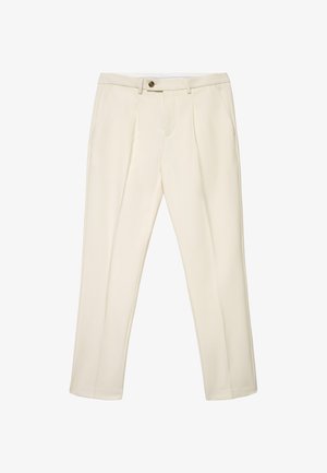 Beige plissierte Hose aus leichtem Stoff mit zwei Seitentaschen und einem einzelnen Knopfverschluss in der Taille. Glatte Textur, gerade Passform.