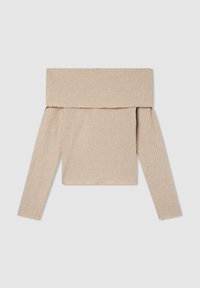 Beżowy top bez ramiączek wykonany z prążkowanego materiału. Posiada długie rękawy oraz szeroki dekolt, charakteryzujący się miękkim i teksturalnym wyglądem.