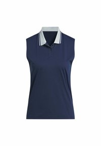 Sleeveless navy polo shirt with a white and navy striped collar, made from smooth fabric, featuring a three-button placket at the neck.