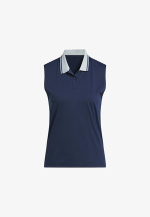 Bezruká námořnická modrá polo košile s bílým a námořnickým pruhovaným límcem, vyrobená z hladké látky, s tříknoflíkovou légou na krku.